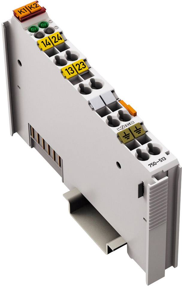 Module électronique gris avec plusieurs emplacements et des connexions de couleurs. Étiquettes 'K1', 'K2' en vert et orange en haut.