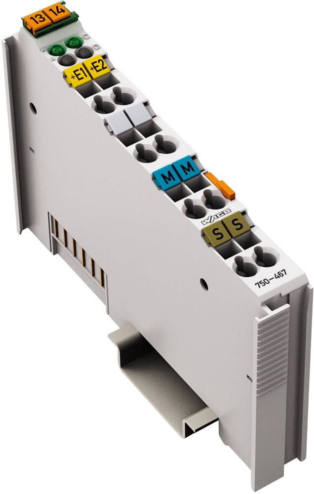 Composant électronique avec plusieurs bornes de connexion codées par couleur, portant des étiquettes telles que '13', '14', 'E1', 'E2', compatible avec un montage sur rail DIN.