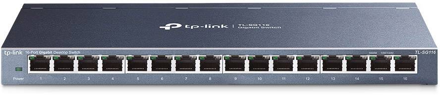 Un commutateur Ethernet gris à 16 ports de TP-Link avec des voyants de connexion réseau au-dessus de chaque port, modèle TL-SG1016.