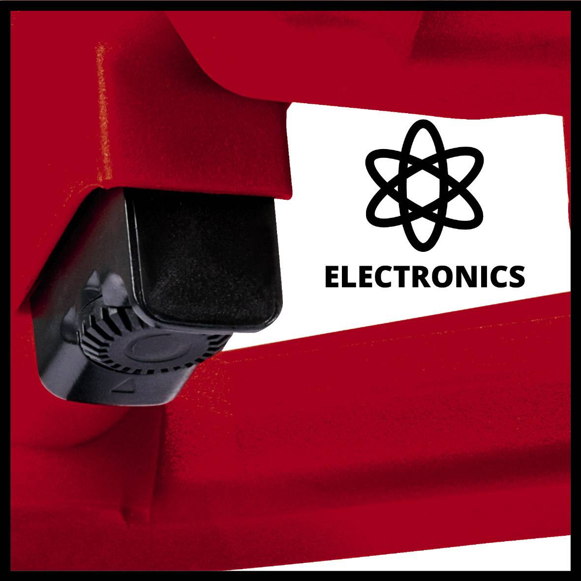 Boîtier en plastique rouge avec une étiquette portant un symbole de modèle atomique et le mot 'ELECTRONICS'. Un bouton noir se trouve à gauche.