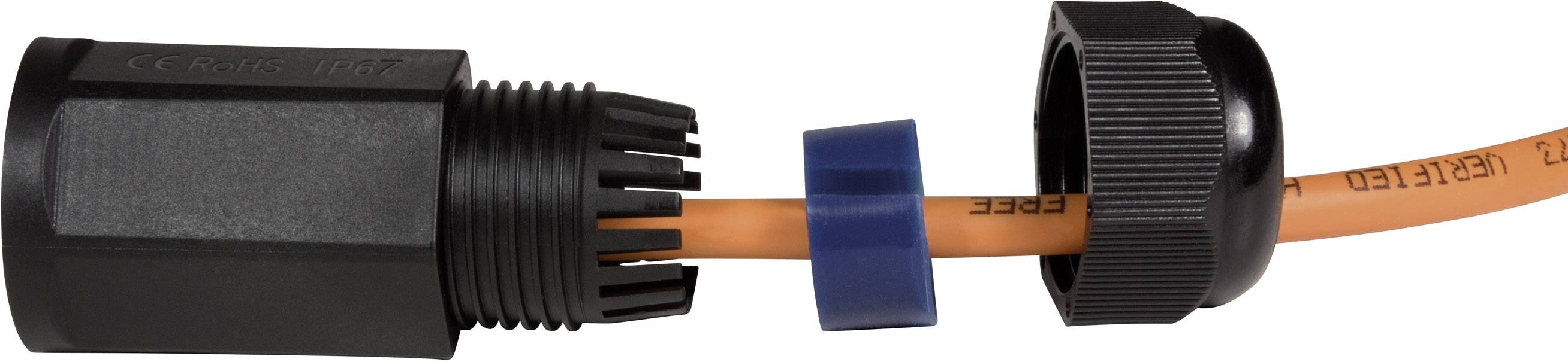 Un câble orange est passé à travers un connecteur cylindrique noir. Le câble porte l'inscription 'BREFF 868'.