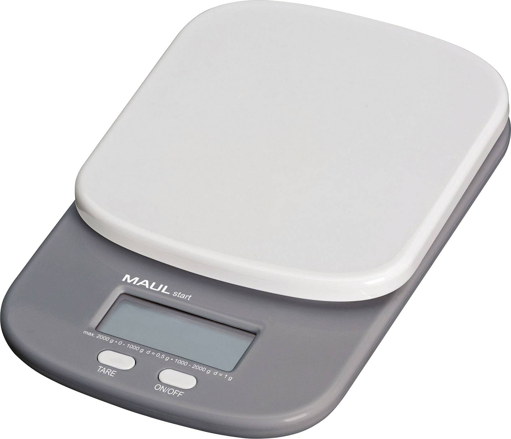 Balance de cuisine numérique en gris avec surface de pesée blanche, écran LCD et touches de commande pour la mise à zéro et la mise en marche/arrêt.