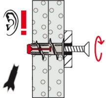 'Illustration d'une vis en train d'être vissée dans un mur avec un chevillet. Le chevillet se dilate sous l'effet du mouvement de vissage.'
