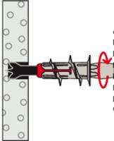 Eine Illustration, die einen Wandstecker zeigt, der mit einem Bohrer in eine Wand eingeführt wird. Der Stecker dehnt sich aus, während eine Schraube hineingedreht wird.