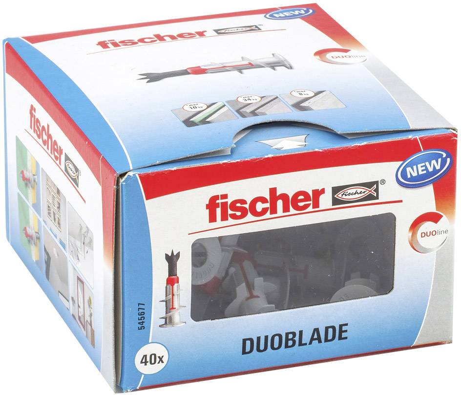 Un emballage portant l'inscription 'fischer DUOBLADE', contenant 40 vis-chevilles. Images du produit et instructions d'utilisation sur la page.