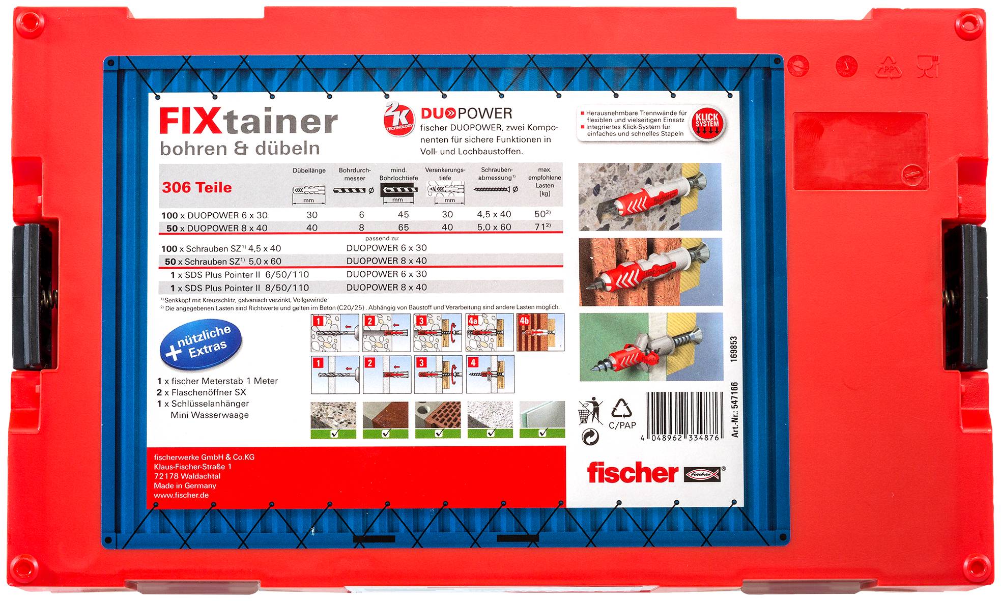 Boîte Red Fischer FIXtainer de chevilles murales DuoPower et vis, étiquetée « FIXtainer bohren & dübeln » avec images de produits et code-barres.