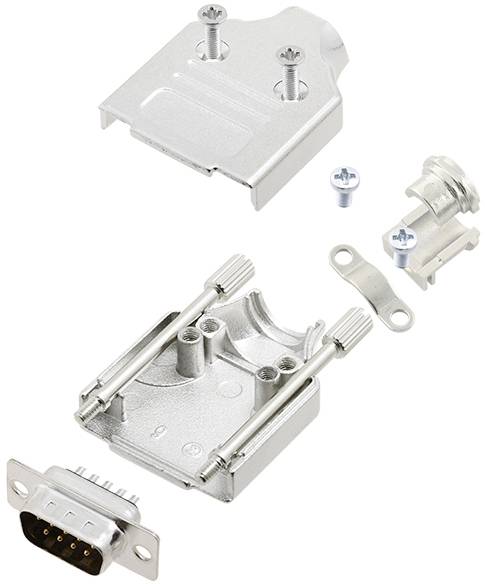 Kit de boîtier métallique pour connecteur D-Sub, montrant le boîtier, les vis et le serre-câble. Les composants sont présentés démontés.