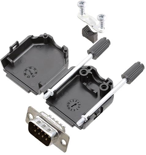 Boîtier de connecteur D-Sub ouvert avec vis et accessoires, montrant une vue intérieure pour le montage d'un connecteur à 9 broches.