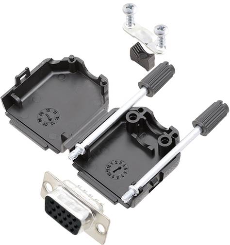 Boîtier D-Sub noir ouvert avec vis et embase. Adapté pour le montage de connecteurs D-Sub dans des appareils électroniques.