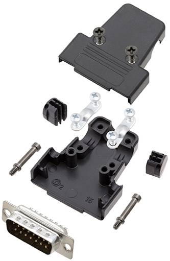 Kit de connecteur démonté avec boîtier, vis, connecteur D-Sub et éléments de fixation, disposés sur un fond blanc.