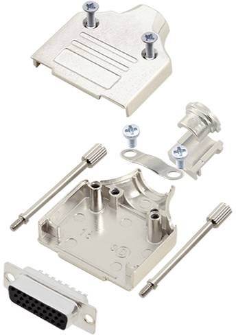 Un boîtier métallique démontable pour un connecteur, composé d'une partie supérieure et inférieure, de vis et de matériel de montage.