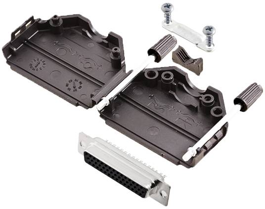 Boîtier de connecteur D-Sub noir ouvert, avec vis et serre-câble. La partie principale montre la structure interne et les éléments de fixation.