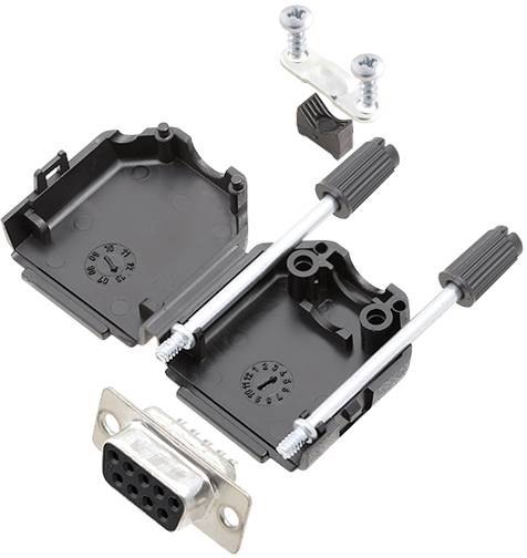 Un boîtier de connecteur DB9 démontable avec des vis métalliques et un couvercle en plastique, adapté à la protection des connexions de câbles.