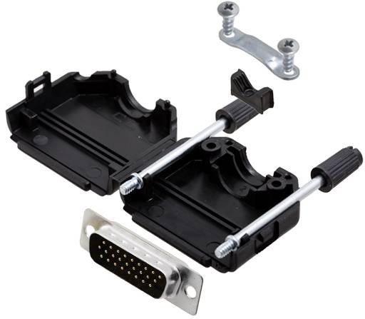 Boîtier de connecteur avec vis pour connecteur D-Sub 15 broches, adapté pour assurer une connexion sécurisée des câbles dans les appareils électroniques.