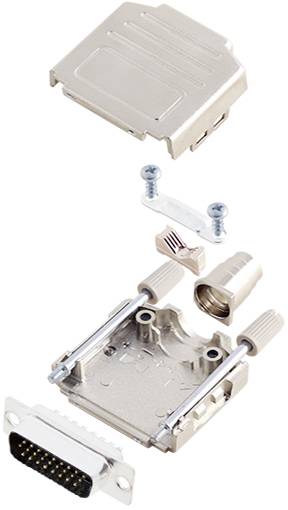 Connecteur DB15 désassemblé avec boîtier métallique, vis, serre-câbles et contact visible. Montre la structure et les composants du connecteur.