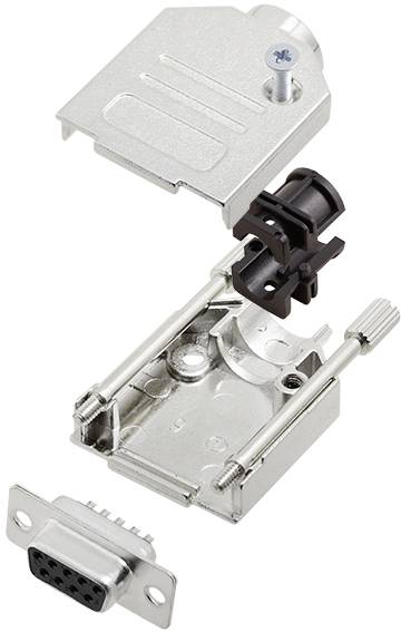 Boîtier métallique pour ensemble de fiches D-Sub, montrant le couvercle supérieur et inférieur, la coque de boîtier, la pince de câble et le capot de connecteur.