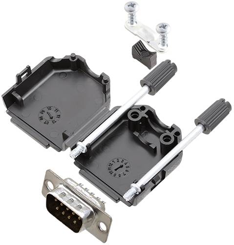 Boîtier D-Sub ouvert en plastique avec connecteur à 9 broches, vis et clips de montage. Utilisé pour les interfaces série.