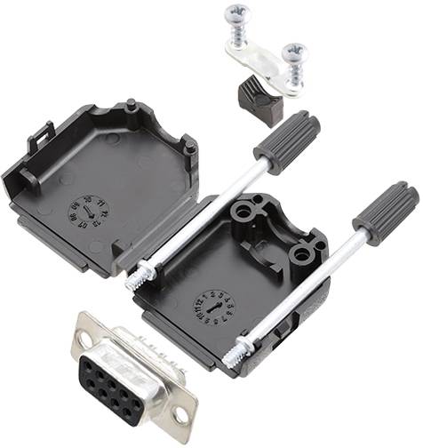 Boîtier ouvert pour connecteur DB9 avec vis et capots, adapté aux connexions d'interfaces série.