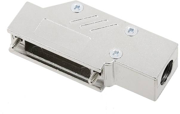 Boîtier métallique pour connecteur D-Sub, couleur argent, avec vis de fixation.