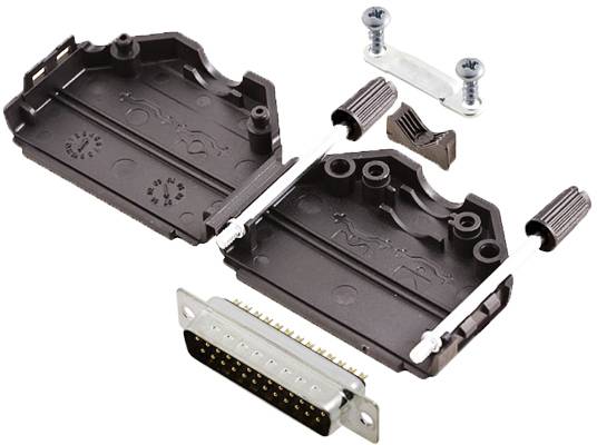 Boîtier ouvert d'un connecteur D-Sub à 25 broches avec vis et serre-câble, prêt à être monté.