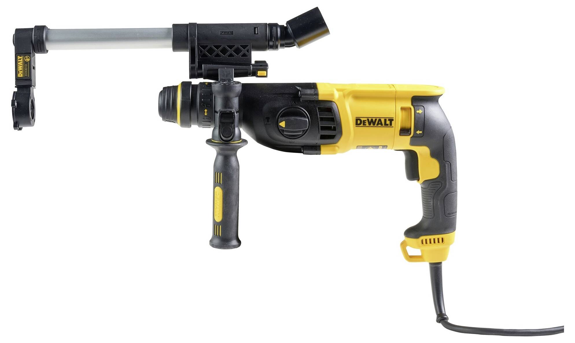 Support de perceuse pour un travail sans poussière sur une perceuse filaire jaune et noire.