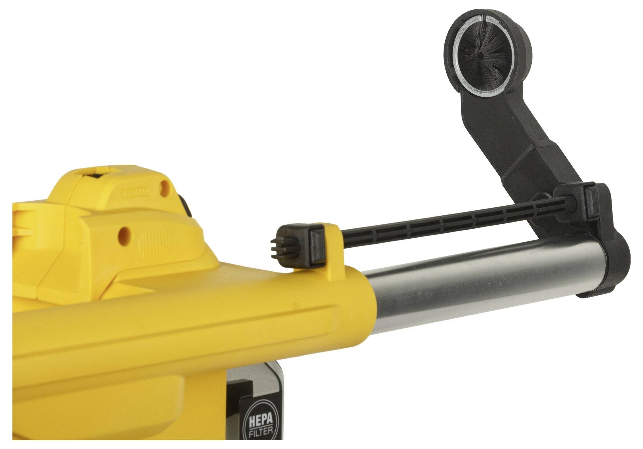 Un embout d'aspirateur jaune avec filtre HEPA. Un bras noir s'étend vers le haut, probablement pour la fixation ou le guidage.