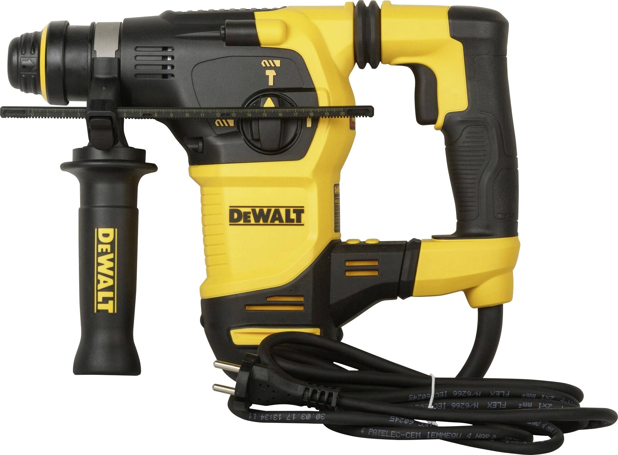 Un marteau perforateur DeWalt jaune et noir avec câble et poignée supplémentaire, prêt pour des travaux artisanaux.