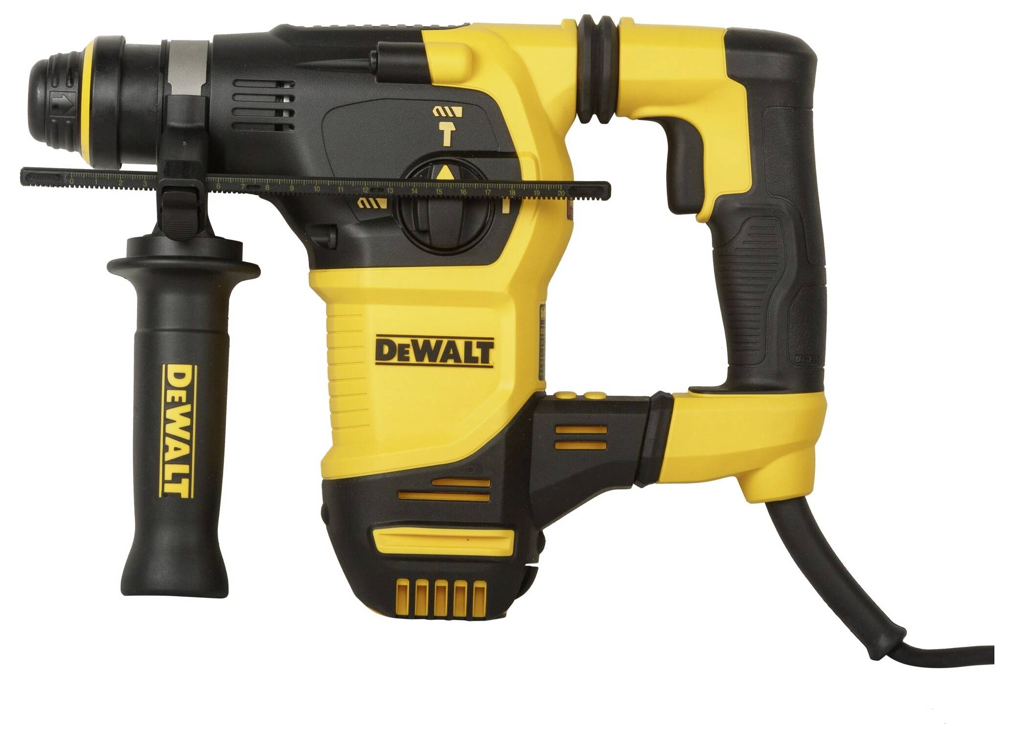 L'image montre un marteau perforateur jaune et noir de DeWalt, avec une rallonge de poignée latérale.