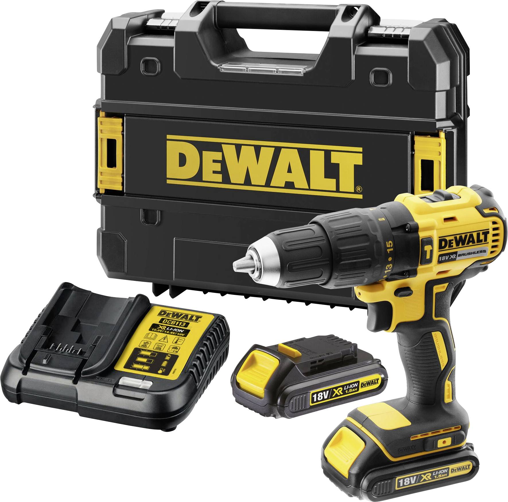 Ensemble de visseuse-perceuse sans fil avec perceuse, station de charge, deux batteries et un coffret de transport noir. Marque : DeWalt.