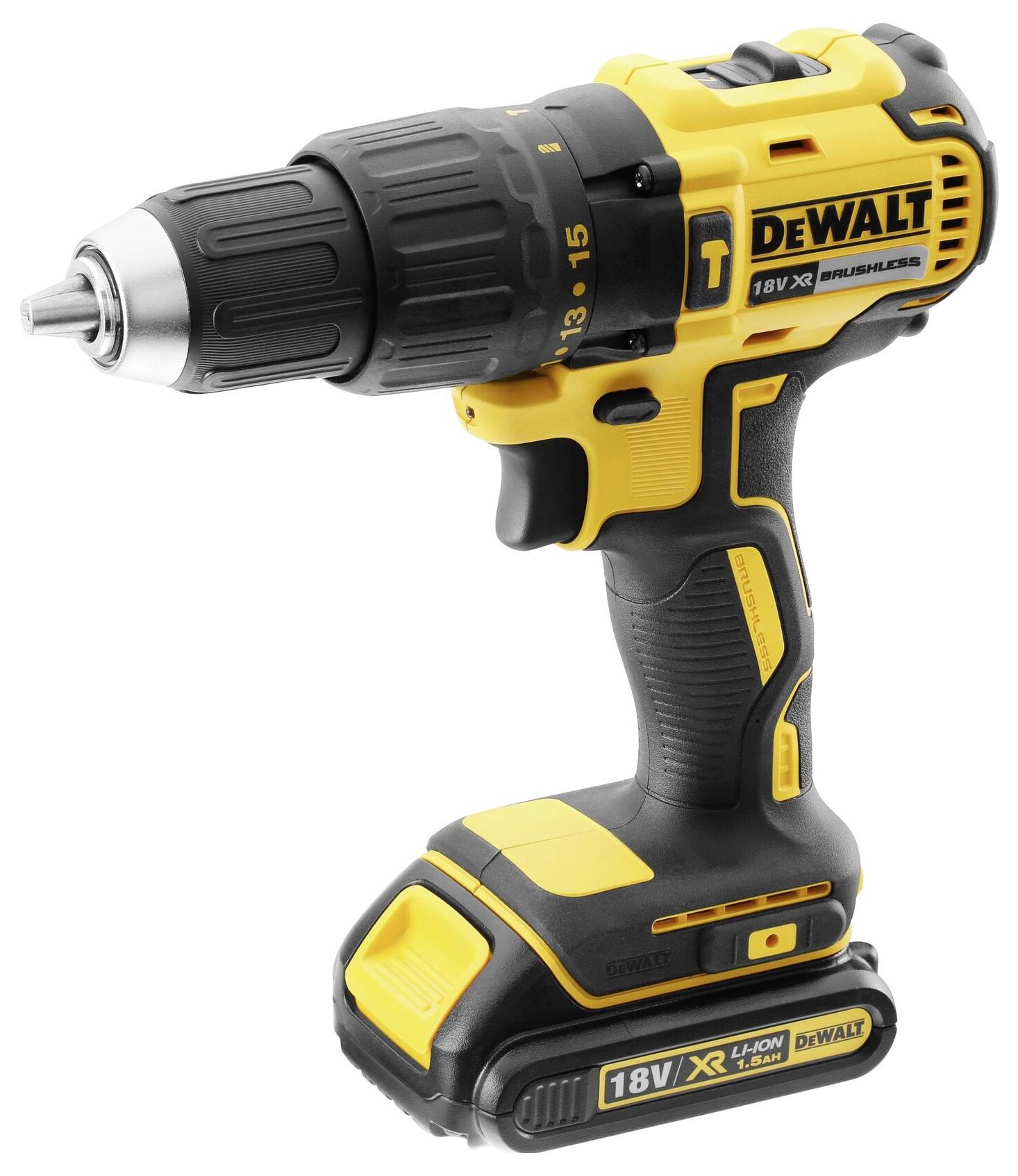 Un tournevis-perceuse jaune et noir avec poignée ergonomique et batterie Li-Ion XR 18V, adapté aux travaux de construction et de bricolage.