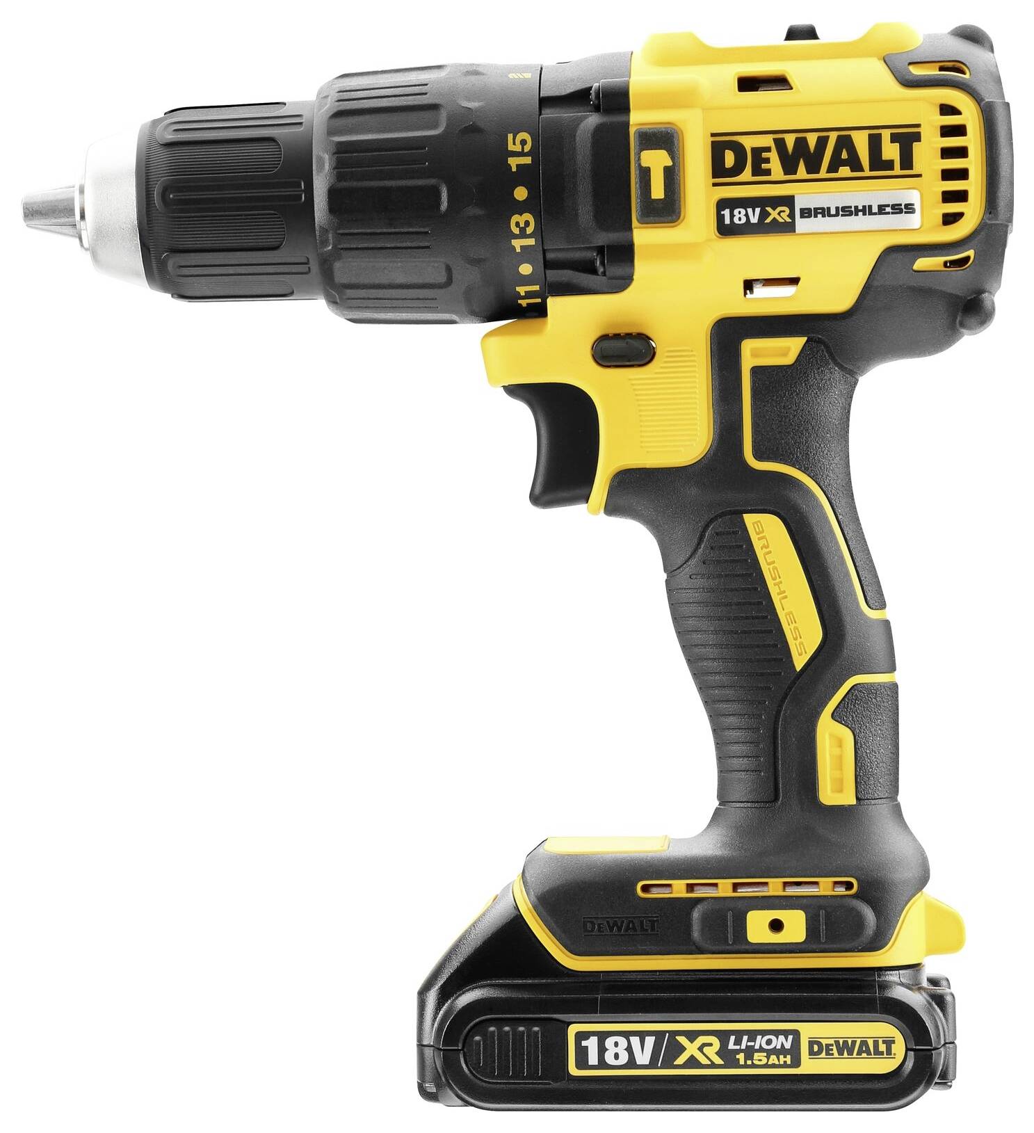 Un tournevis sans fil jaune et noir de la marque DeWalt, modèle 18V XR Brushless, doté d'une batterie Li-Ion 1,5Ah intégrée.