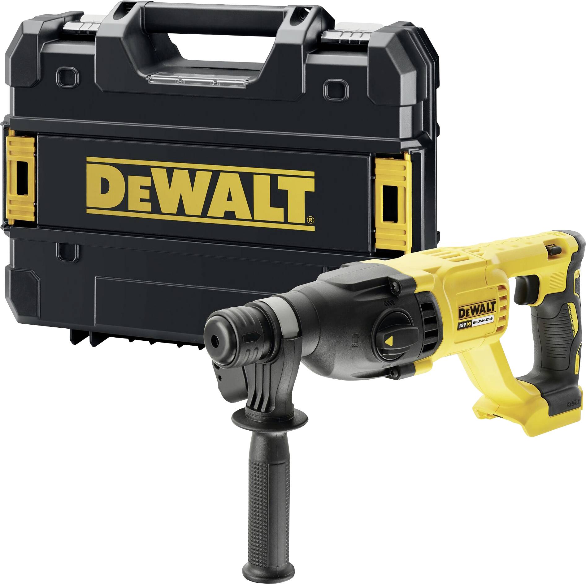 Perceuse DeWalt avec un boîtier noir robuste en arrière-plan, utilisée pour des travaux artisanaux et des projets de construction.