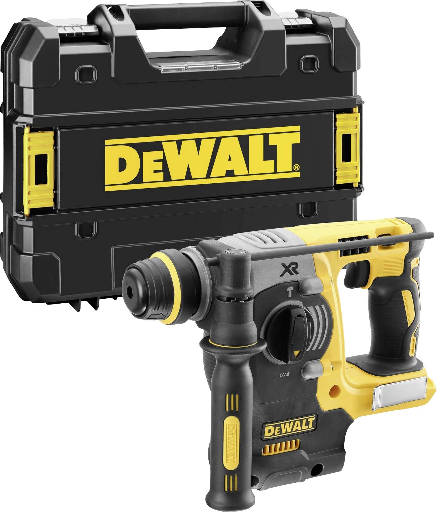 Perceuse-marteau sans fil DEWALT avec coffret noir, design jaune et noir. Adaptée aux travaux de construction professionnels.