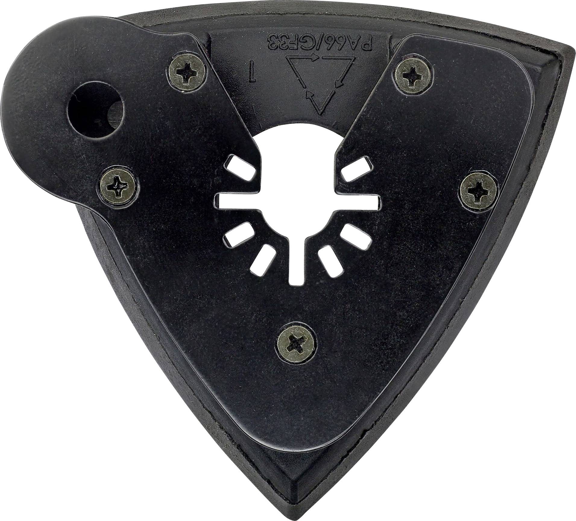 Une plaque en plastique noir triangulaire avec un trou rond et des vis, probablement une pièce d'un outil ou d'une machine.