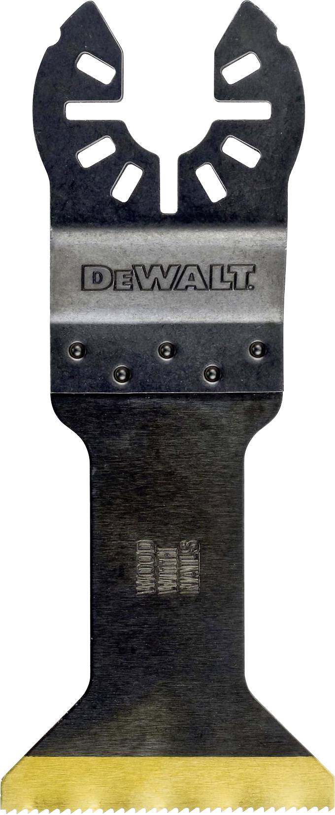Lame d'outil multifonction DeWalt au design noir et or, parfaite pour des travaux de coupe précis.