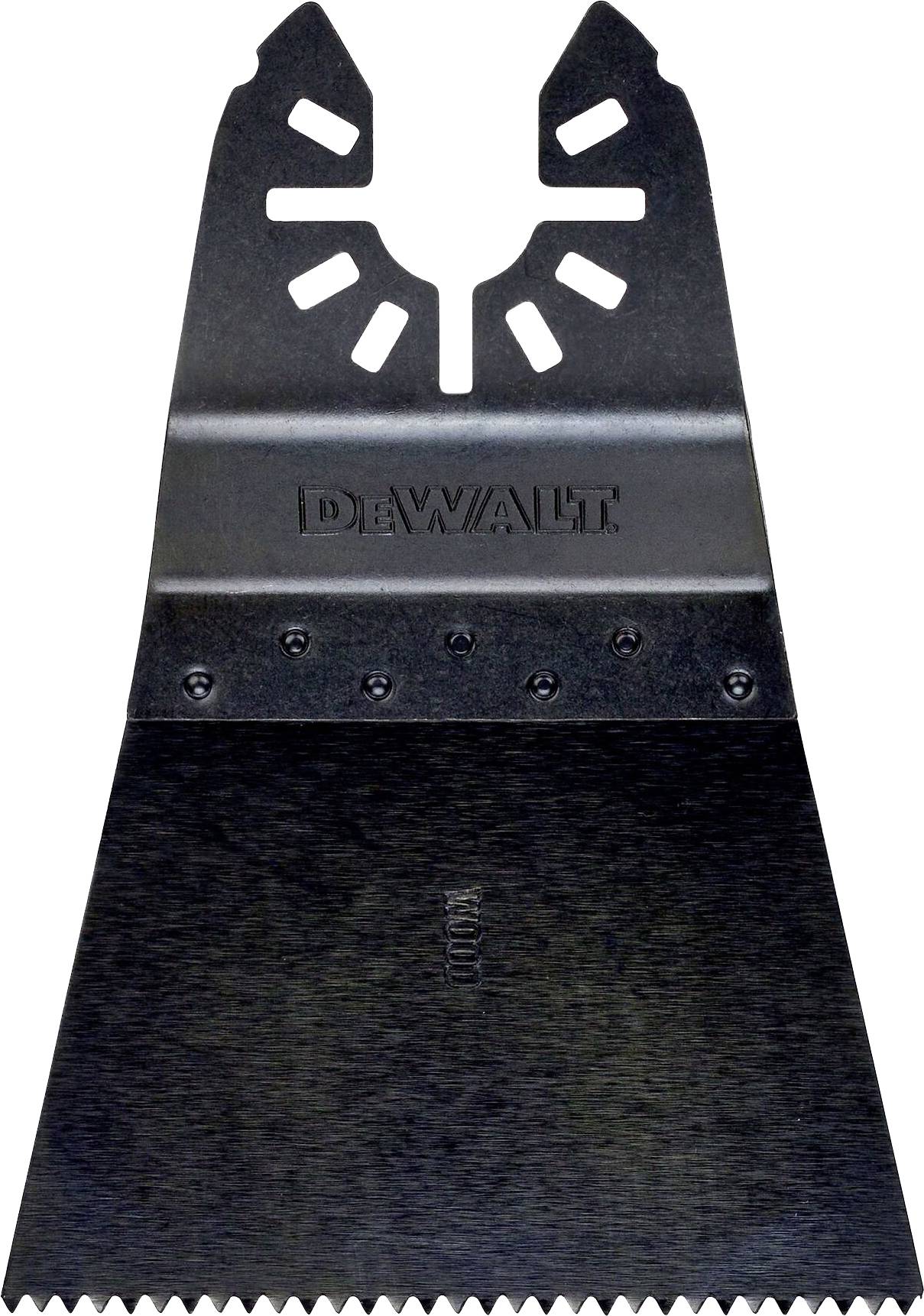 Lame en métal noir triangulaire avec un bord dentelé et plusieurs fentes en haut. Le logo 'DEWALT' est gravé au centre.