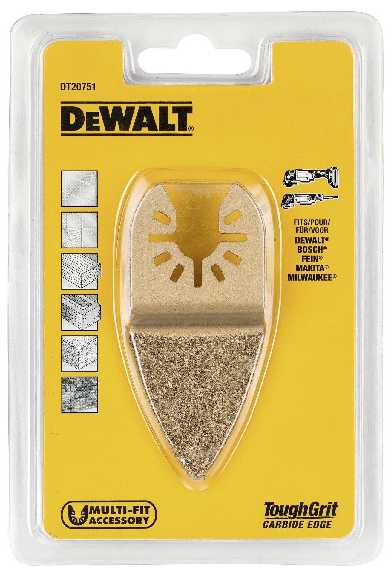 Emballage d'une feuille abrasive DeWalt, adaptée à différentes marques. Présente le produit et des symboles graphiques indiquant son domaine d'application.