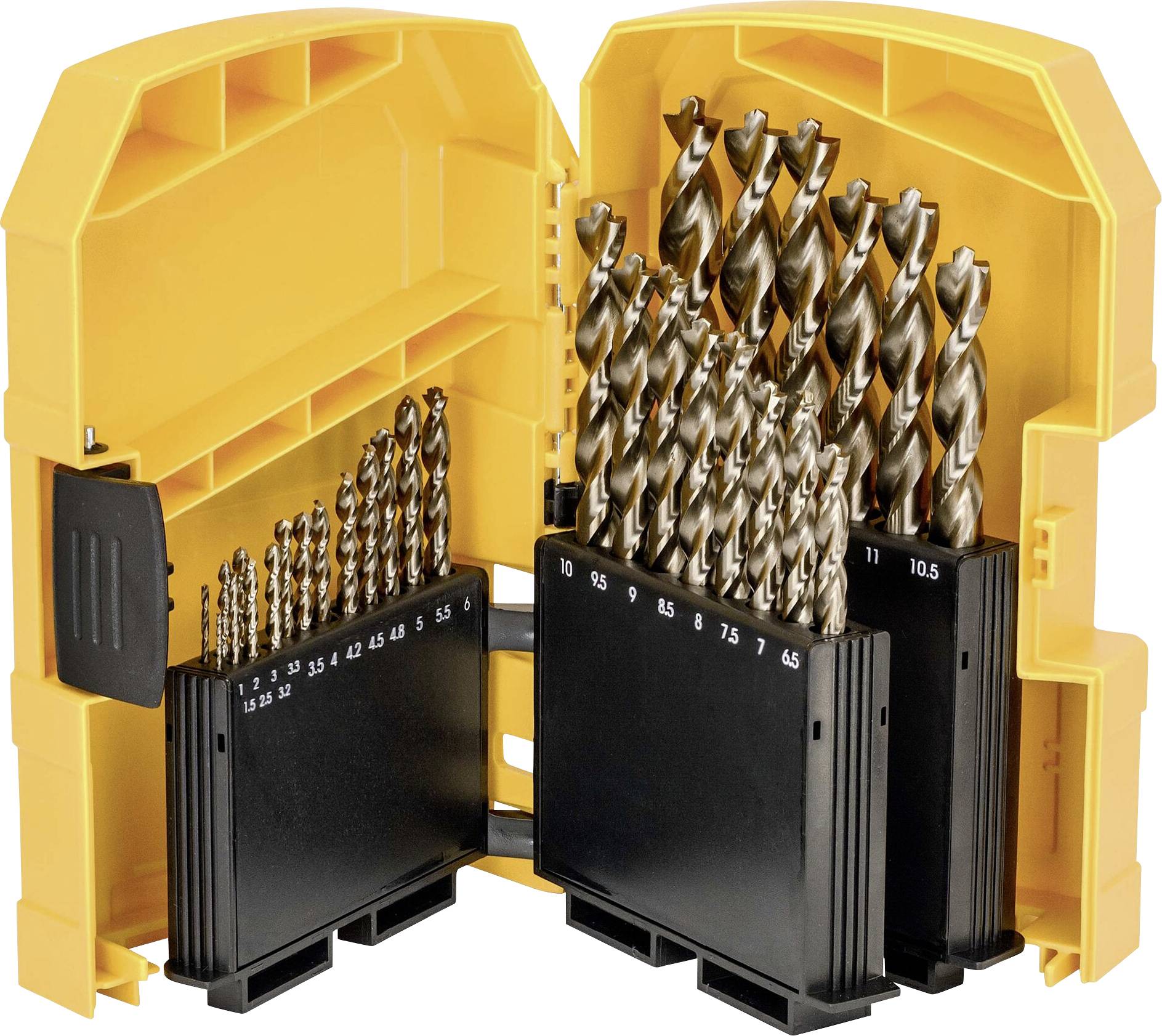 Ensemble de forets dans un coffret jaune avec différentes tailles. Forets plus petits à gauche, plus grands à droite. Ouvert pour montrer le contenu.