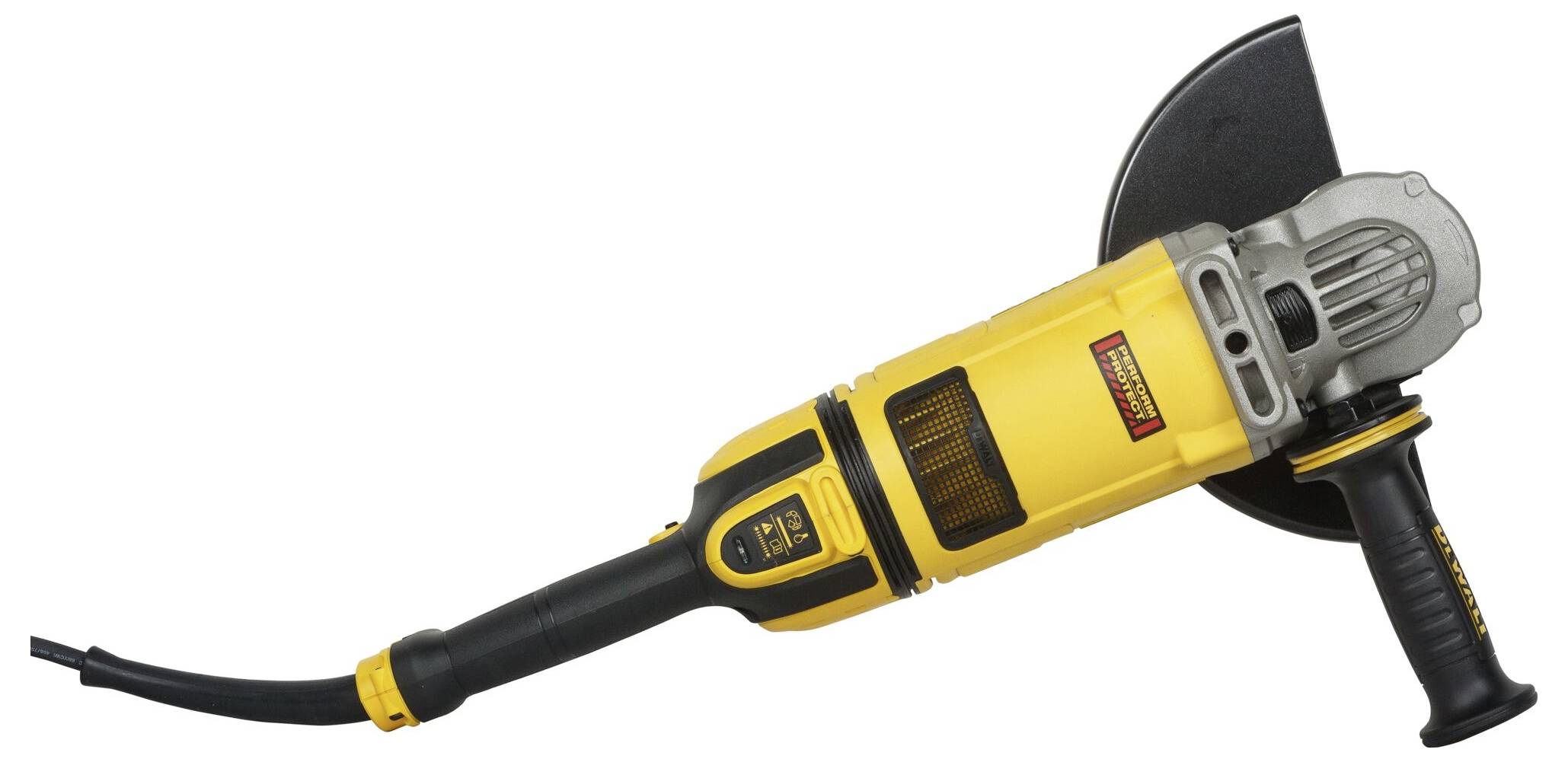 Un meuleuse d'angle jaune avec poignée noire et carter de protection, adapté aux travaux de coupe et de meulage intensifs.