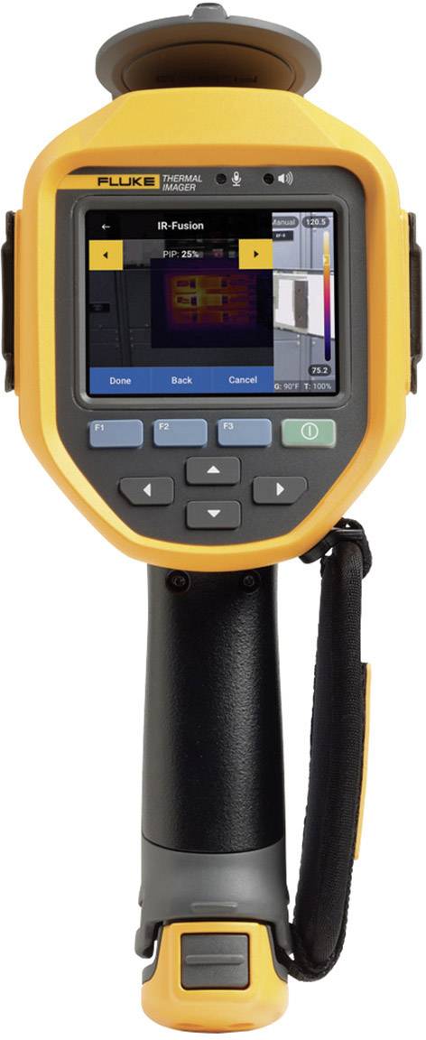 Une caméra thermique avec un boîtier jaune affiche sur son écran une image thermique avec différentes zones de température et des commandes.