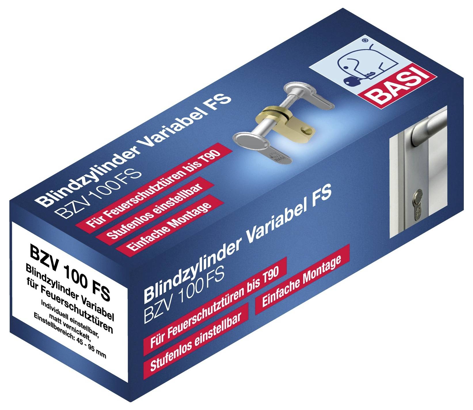 Emballage « BASI Blinde cylinder Variabel FS BZV 100-FS », présentant un cylindre de serrure avec installation ajustable pour portes coupe-feu.
