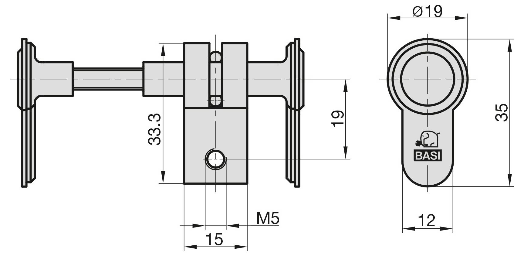 Dessin technique d'un mécanisme de serrure avec dimensions : largeur 19 mm, longueur 33,3 mm. Diamètre de la serrure 19 mm, largeur du bouton 12 mm.