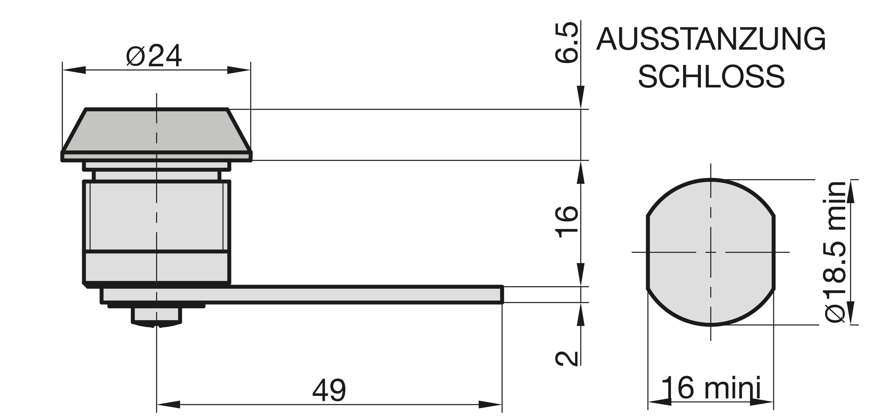 Dessin technique d'une serrure de porte avec dimensions : Diamètre 24 mm, longueur 49 mm, évidement 18,5 mm ; légende 'Découpe Serrure'.