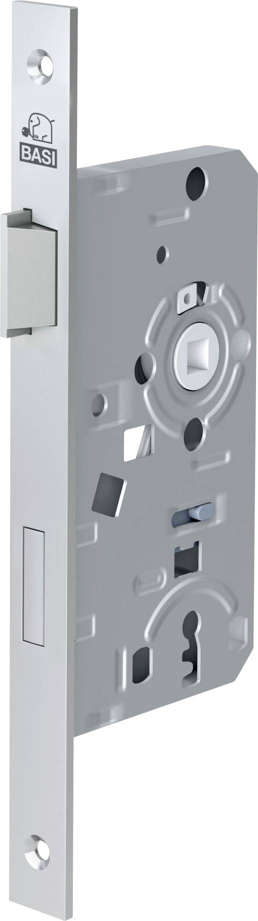 Mécanisme de serrure à mortaise en argent « BASI 72 » avec plusieurs fentes et composants, conçu pour l'installation dans les portes.