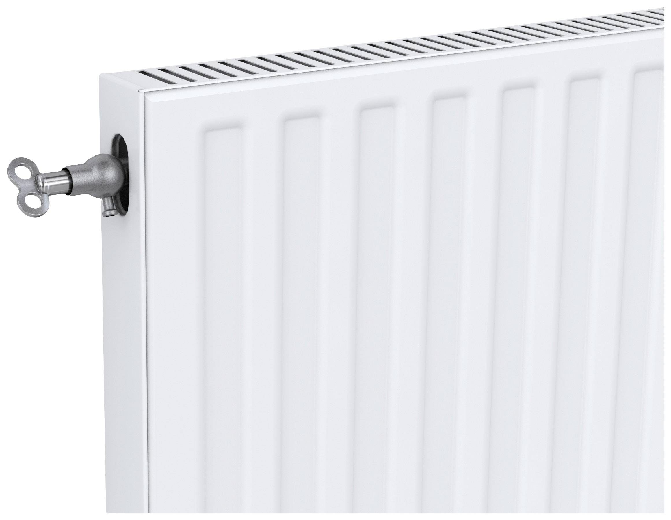 Un radiateur blanc avec une clé de purge insérée dans le robinet en haut à gauche.