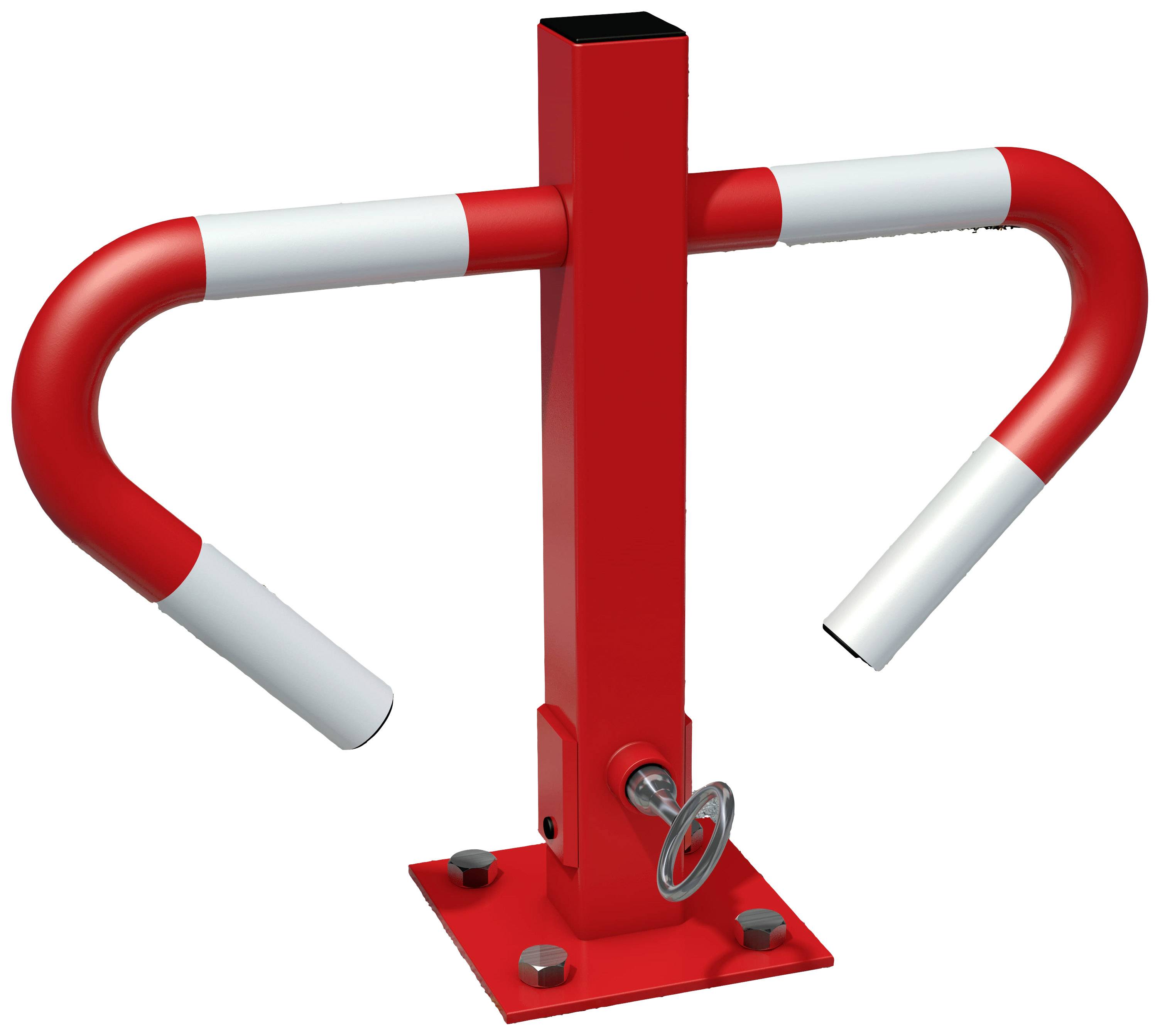 Barrière de parking basculante en rouge, équipée d'une bande réfléchissante blanche, montée sur une plaque de base carrée, adaptée au blocage des espaces de stationnement.