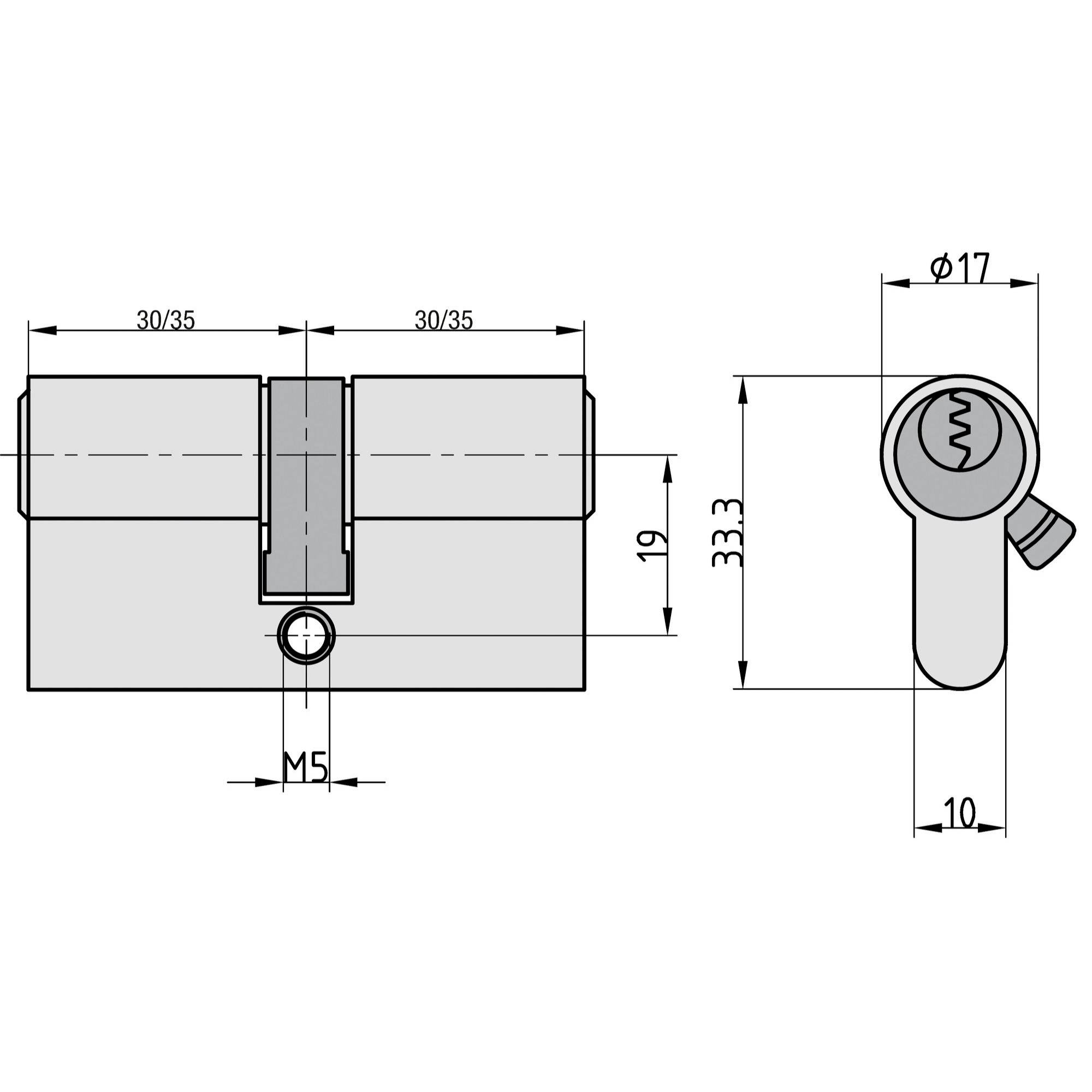 Dessin technique d'un cylindre de serrure avec dimensions : longueur totale 60-70 mm, diamètre 17 mm. Vue de face et de côté.