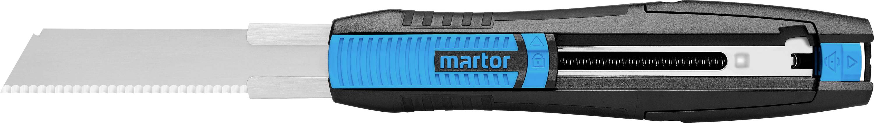 Couteau de sécurité noir et bleu avec une lame rétractable, le nom de marque 'martor' visible sur la poignée.