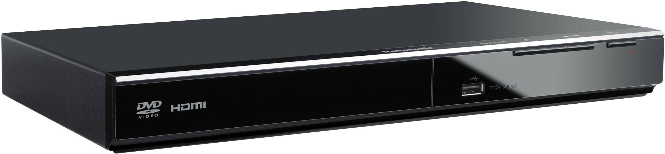 Un lecteur DVD noir avec connexion HDMI, montrant la vue de face et doté d'un compartiment de disque et d'une interface USB.