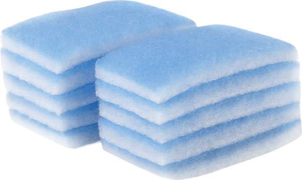 Pile de éponges de nettoyage bleues, disposées en deux groupes.